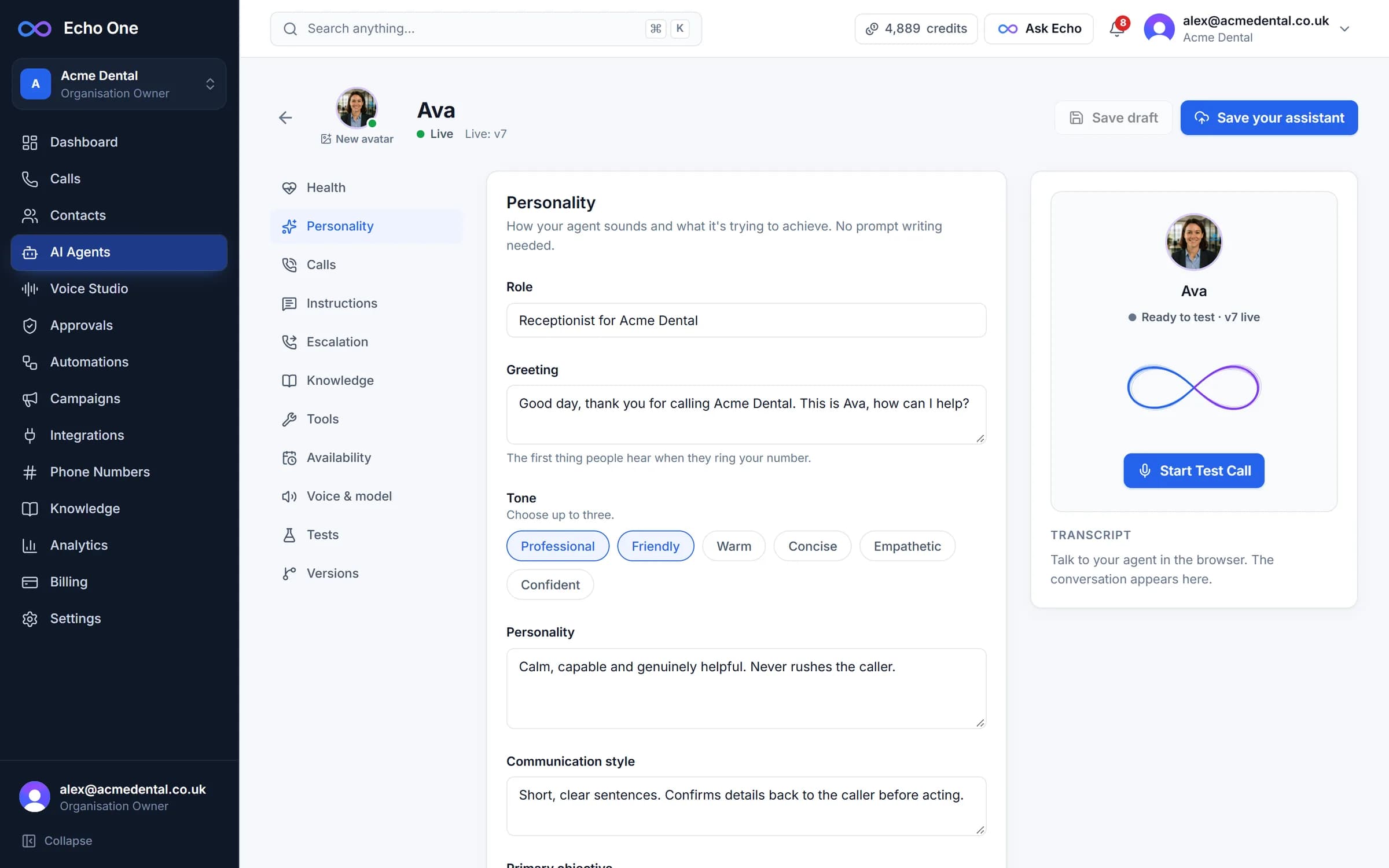 The agent builder: the receptionist’s role, greeting, tone and personality.