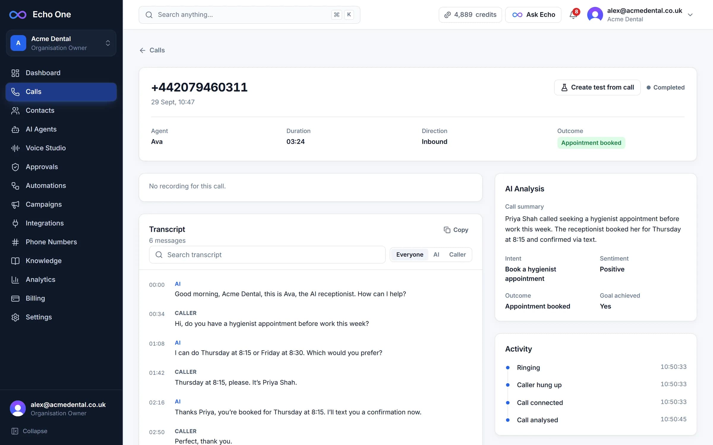 A single call: the full transcript, the AI summary, intent, sentiment and outcome.