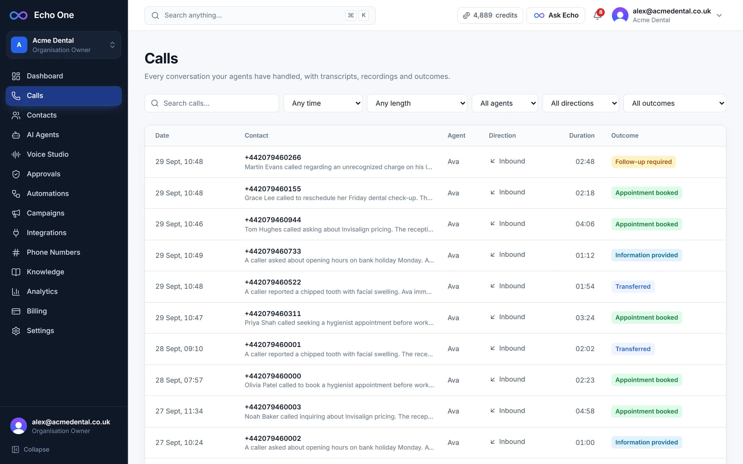 The calls list, with each call’s caller, agent, outcome and duration.
