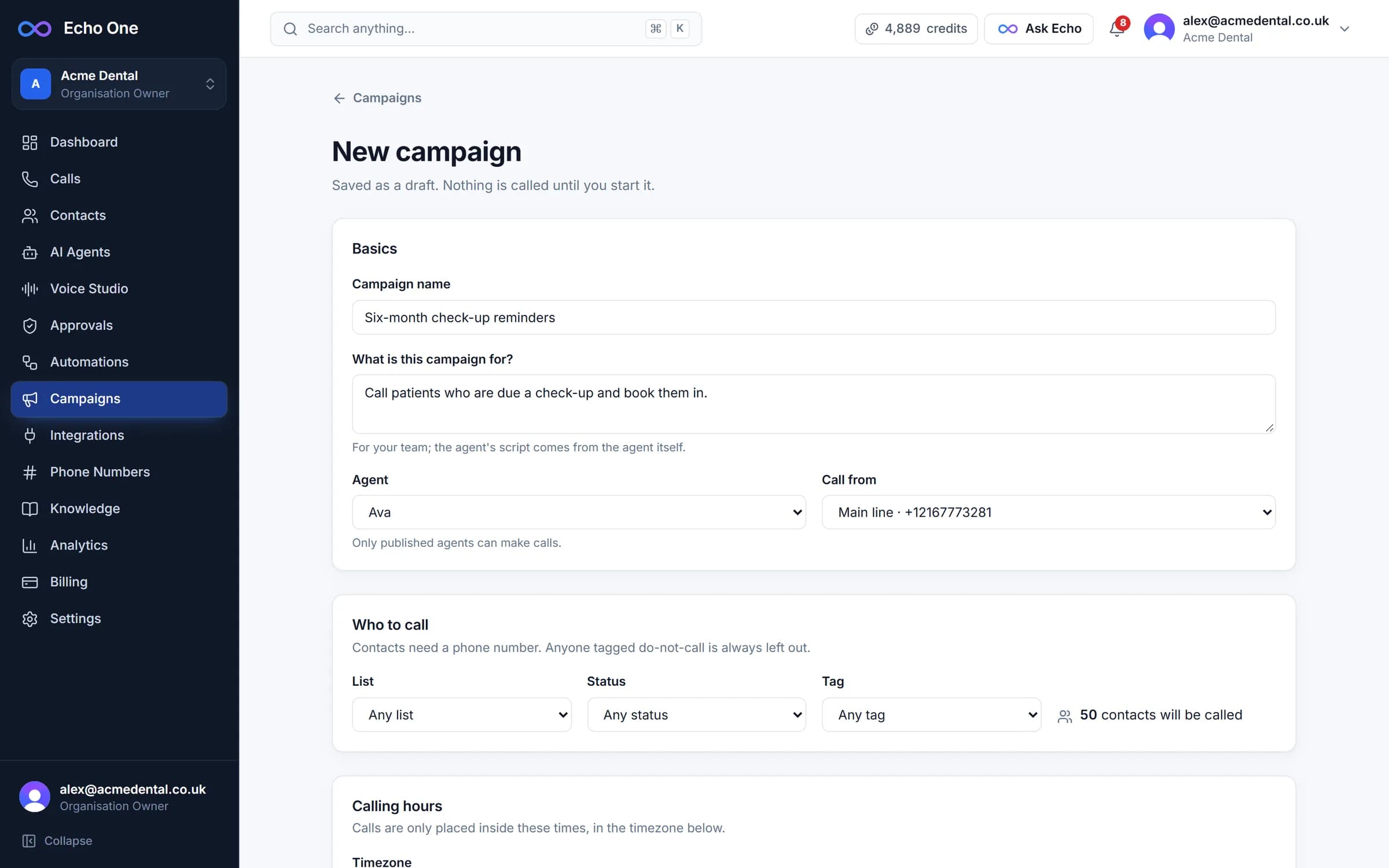 Creating an outbound campaign: its purpose, the agent, the number to call from and who to call.