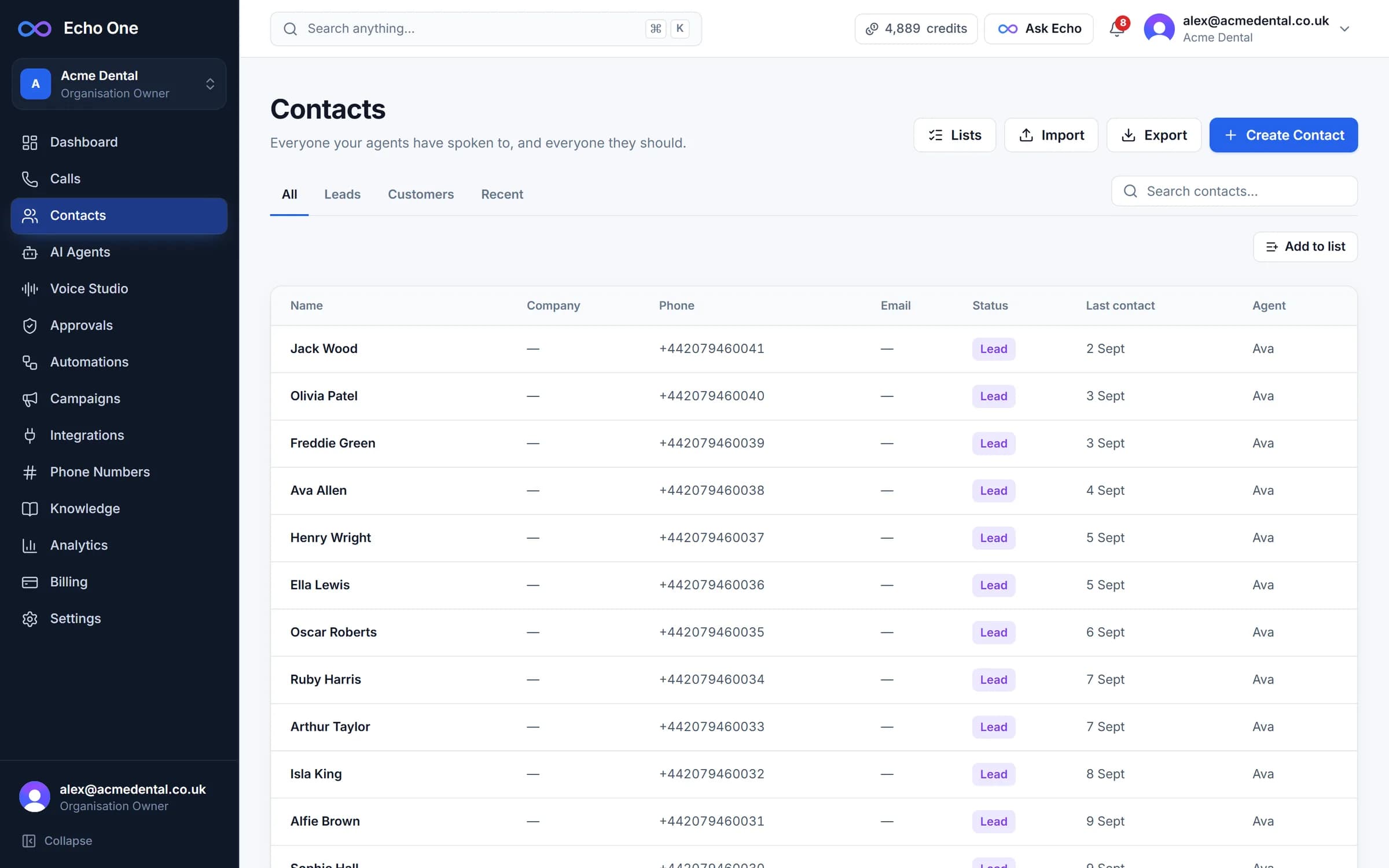 Contacts created from calls, with their call history and notes.