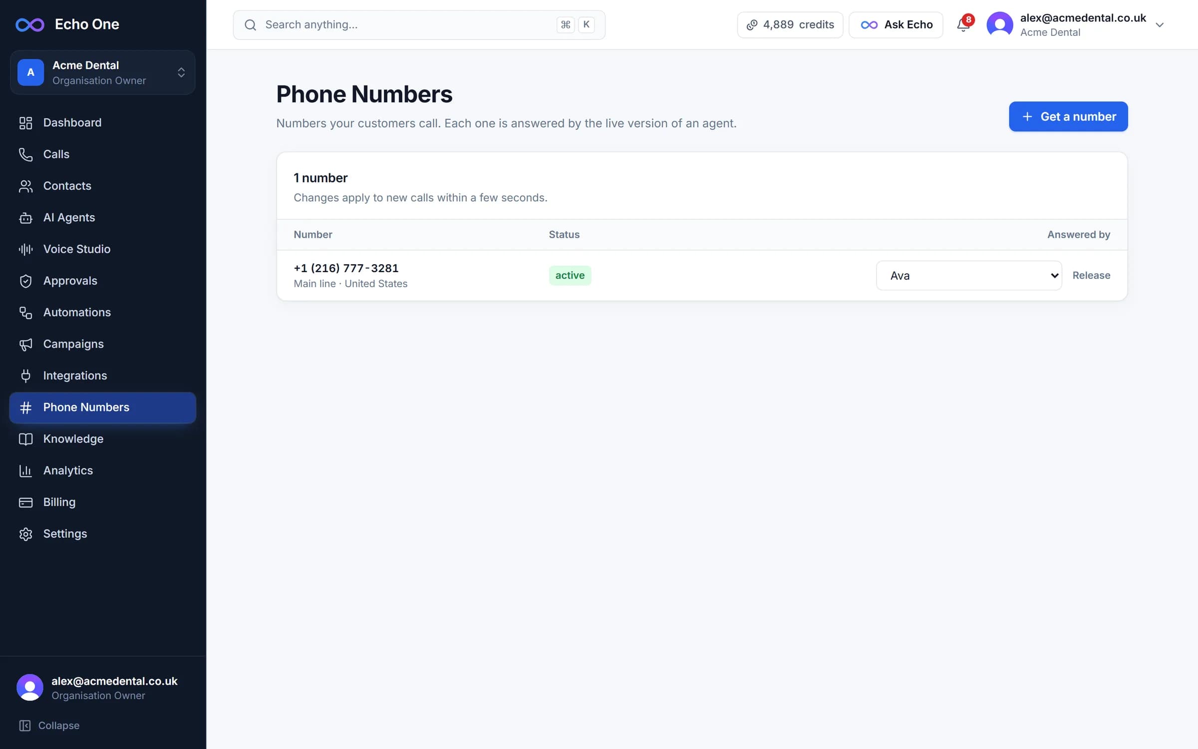 Phone numbers, each with the agent that answers it.
