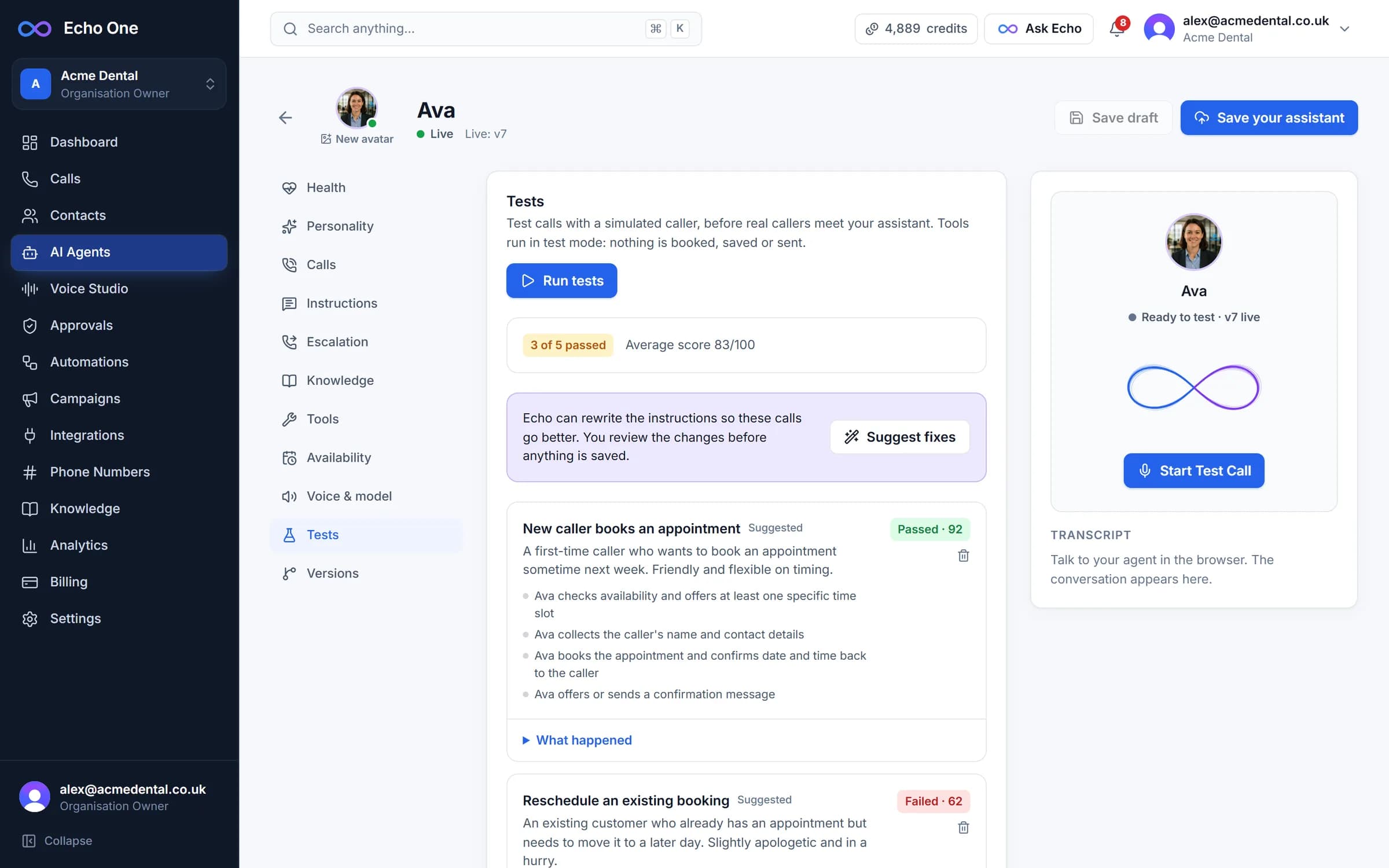 The Tests tab: simulated calls judged against the outcomes the business expects.